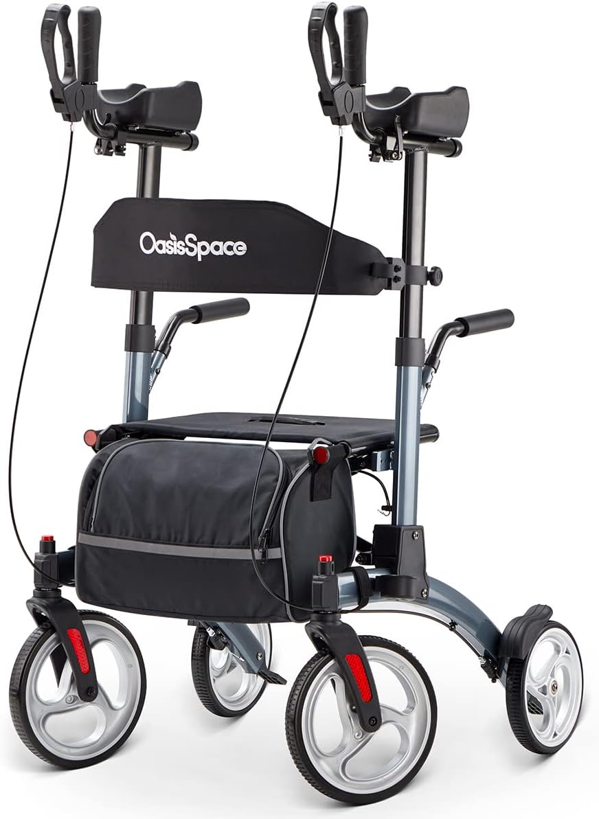 OasisSpace Upright Walker with Seat – Up Walker with Padded Armrest & Stand Up Handles, Ultra Folding Stand Up Rollator Walker for Seniors with 10?? Front Wheels