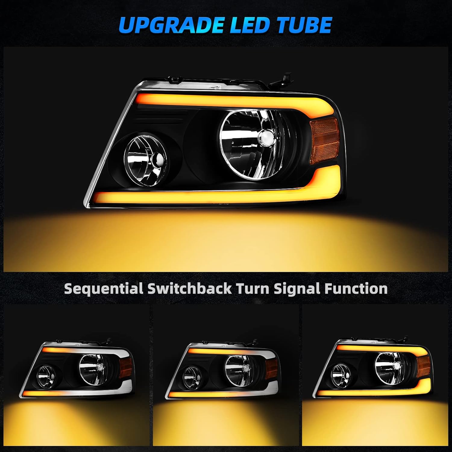 AUTOSAVER88 Switchback LED Tube Headlights Assembly Compatible with 2004 2005 2006 2007 2008 Ford F150 F-150 DRL Headlamp Replacement Pair with Amber Reflector - Image 3