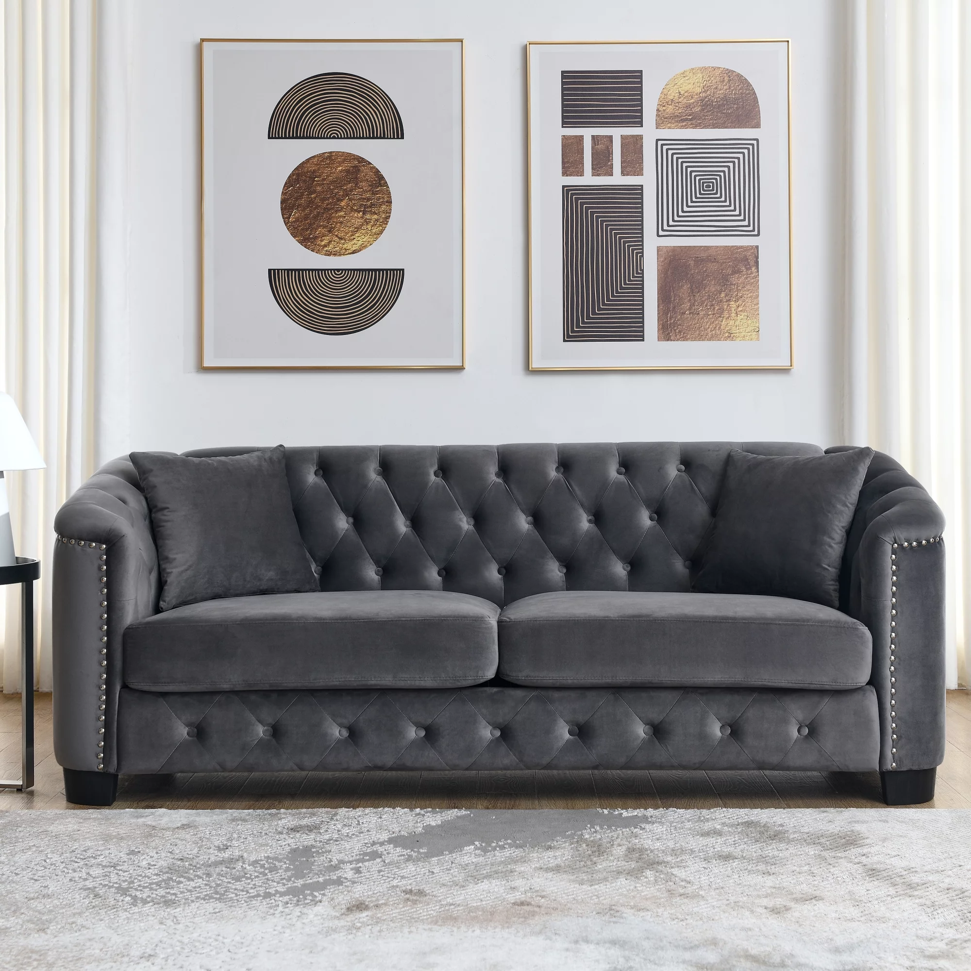 77-Inch Modern Chesterfield Velvet Sofa, 3-Seater Sofa, Upholstered Tufted Backrests with Nailhead Arms and 2 Cushions for Living Room, Bedroom, Apartment, Office (Grey) - Image 3